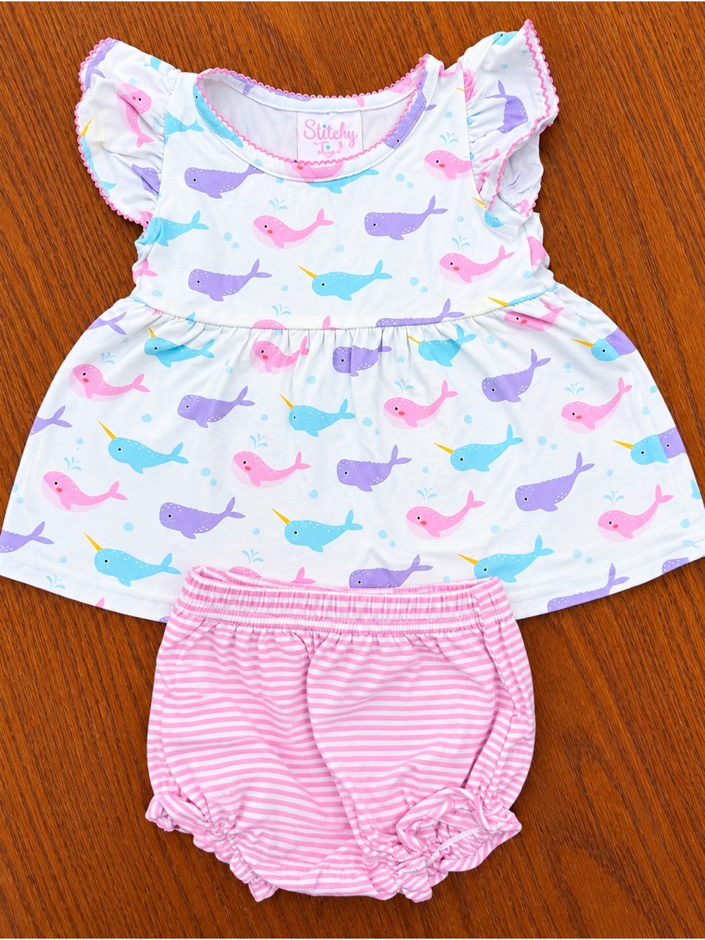Like New Stitchy Fish Baby Girls' Pink & Multi Narwhal Dress Set